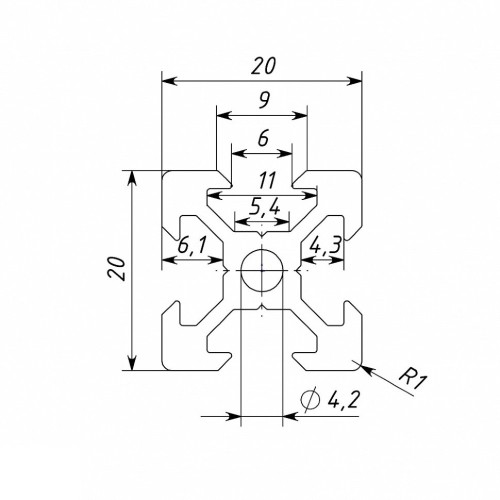 Алюминиевый профиль 20*20мм*1,5м V-Slot конструкционный без покрытия